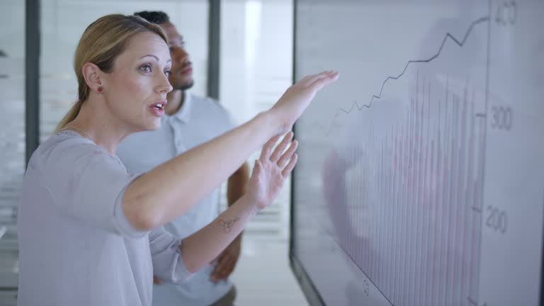 1 on 1 Medium handheld shot of a Caucasian woman discussing a graph shown on the screen in the meeting room with her African-American male colleague. Shot in Slovenia.